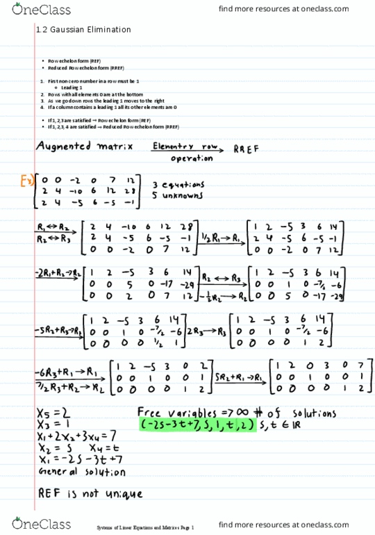 Applied Mathematics 1411A/B Chapter Notes - Chapter 1.2: Row Echelon Form, Gaussian Elimination thumbnail