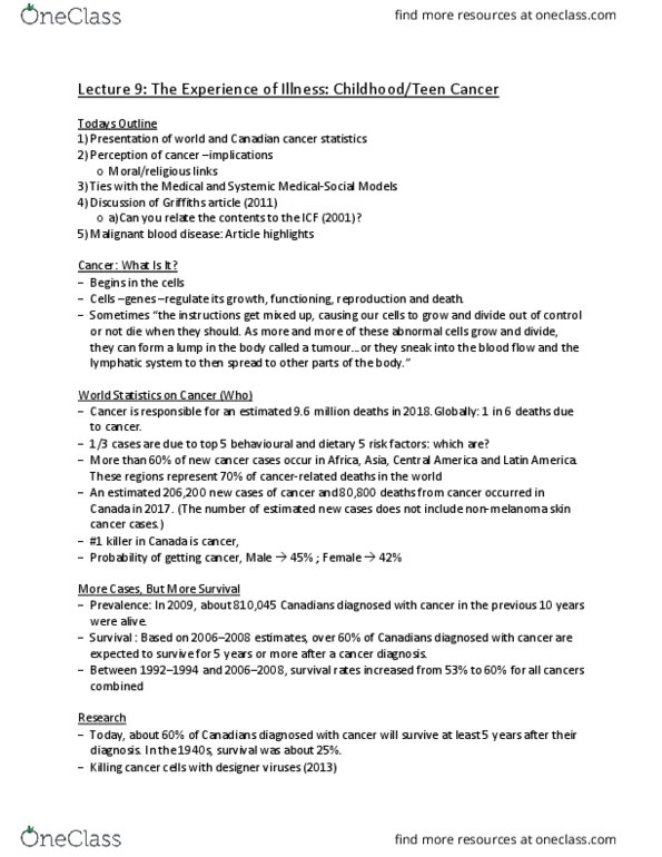 HSS 3103 Lecture Notes - Lecture 15: Hematology, Malignancy, Sensory Cortex thumbnail