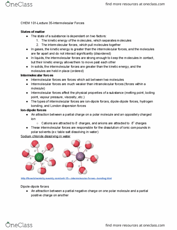 CHEM 101 Lecture Notes - Lecture 35: London Dispersion Force, Intermolecular Force, Chemical Polarity thumbnail