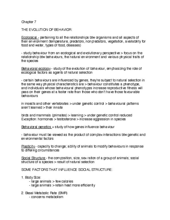 ANTA01H3 Chapter Notes - Chapter 7: Basal Metabolic Rate, Behavioral Ecology, Behavioural Genetics thumbnail