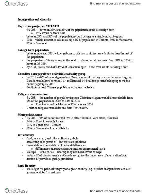 SA 345 Lecture Notes - Lecture 4: Visible Minority, Religious Denomination, Population Projection thumbnail