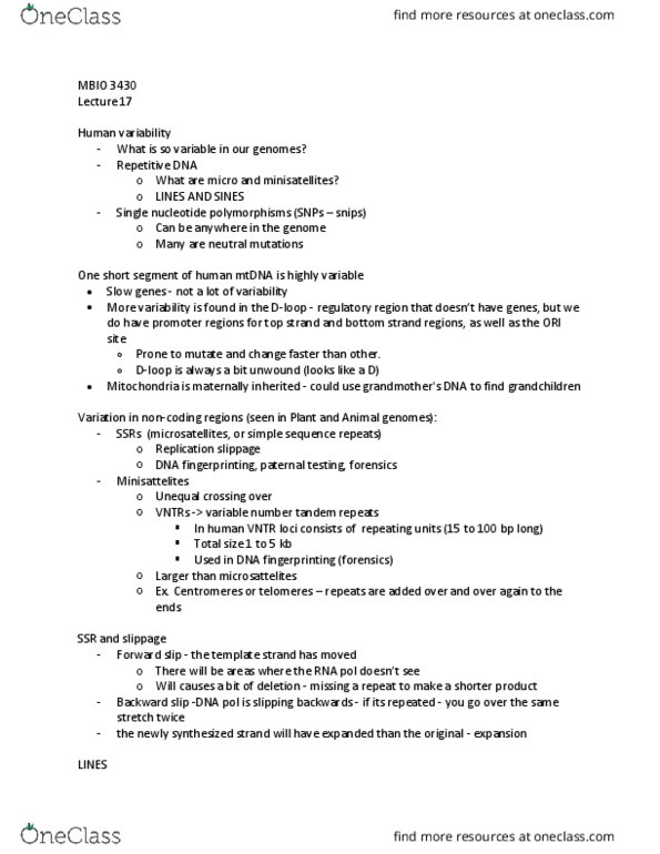 MBIO 3430 Lecture Notes - Lecture 17: Dna Profiling, Variable Number Tandem Repeat, Human Variability thumbnail