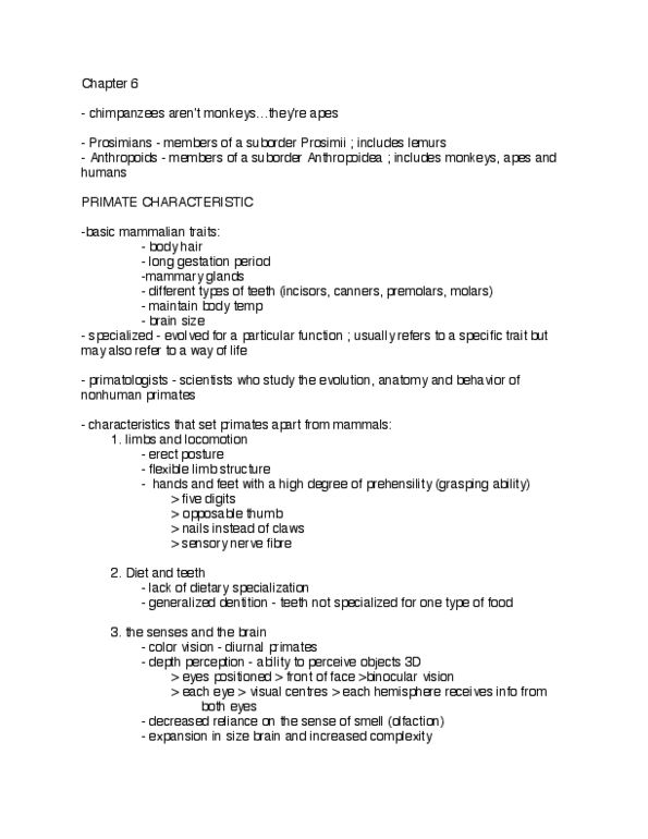 ANTA01H3 Chapter Notes - Chapter 6: Simian, Haplorhini, Thumb thumbnail