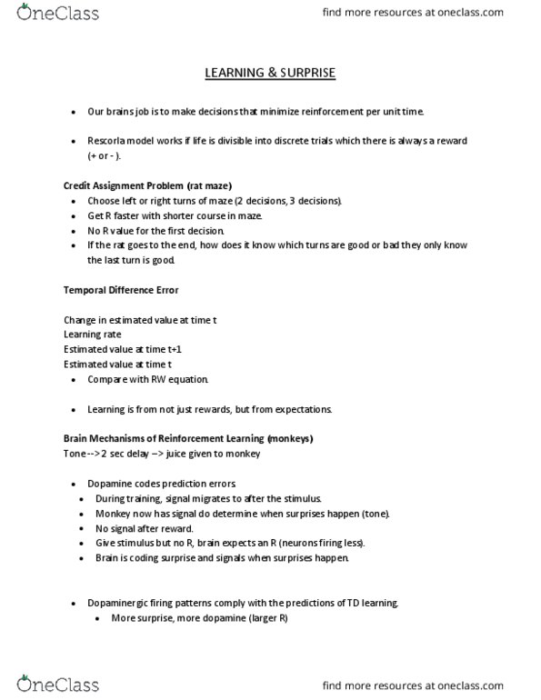 COGS 100 Lecture Notes - Lecture 1: Reinforcement Learning, Temporal Difference Learning, Dopaminergic thumbnail