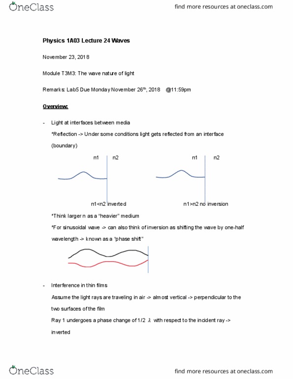 PHYSICS 1A03 Lecture Notes - Lecture 24: Refraction cover image