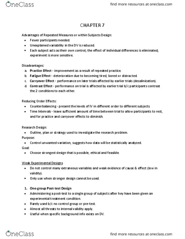 PSYC 201W Lecture Notes - Lecture 7: Repeated Measures Design, Desalination, Internal Validity thumbnail