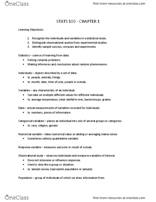 STAT 100 Lecture Notes - Lecture 1: Observational Study, Dependent And Independent Variables, United States Constitution thumbnail