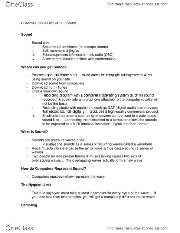 Computer Science 1033A/B Lecture Notes - Lecture 12: Midi, Web Conferencing, Music Download cover image