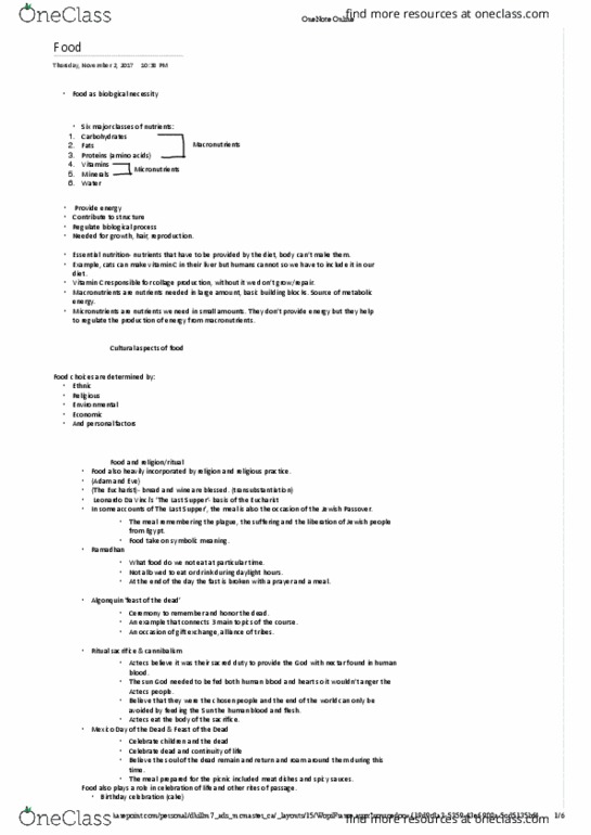 ANTHROP 1AA3 Lecture Notes - Lecture 8: Transubstantiation, Microsoft Onenote, Sugarcane thumbnail