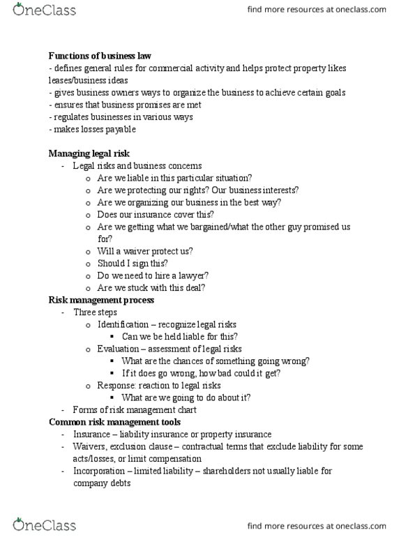 BUS 393 Lecture Notes - Lecture 6: Risk Management Tools, Liability Insurance, Property Insurance thumbnail