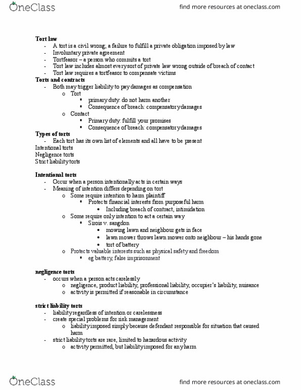 BUS 393 Lecture Notes - Lecture 3: Intentional Tort, False Imprisonment, Product Liability thumbnail