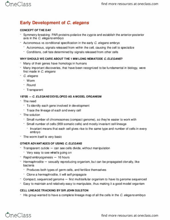 CMMB 403 Lecture Notes - Lecture 14: John Sulston, Model Organism, Multicellular Organism thumbnail