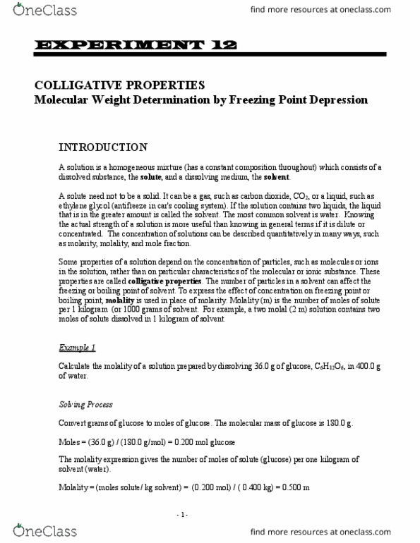 BIOL 104 Lecture Notes - Lecture 9: Freezing-Point Depression, Colligative Properties, Molality thumbnail