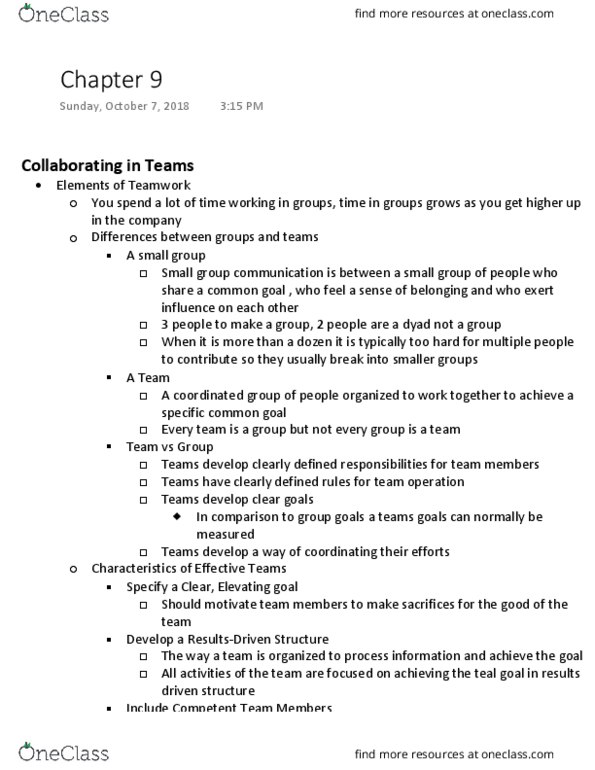 BCOR 1030 Chapter Notes - Chapter 9: Team Building, Network One, Pitch Shift thumbnail