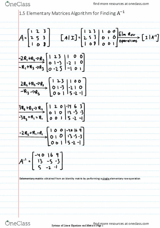 Applied Mathematics 1411A/B Chapter Notes - Chapter 1.5: Elementary Matrix, Identity Matrix thumbnail