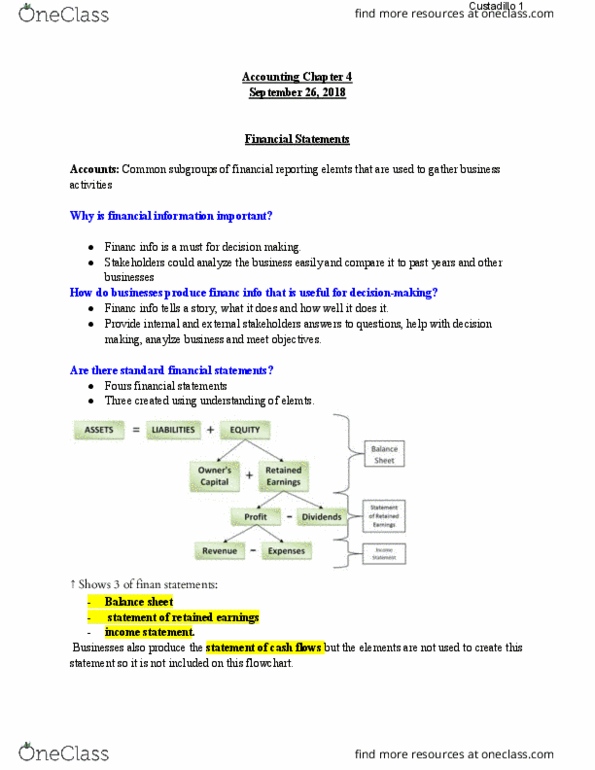 ACC 100 Chapter Notes - Chapter 4: Cash Flow Statement, Financial Statement, Retained Earnings thumbnail