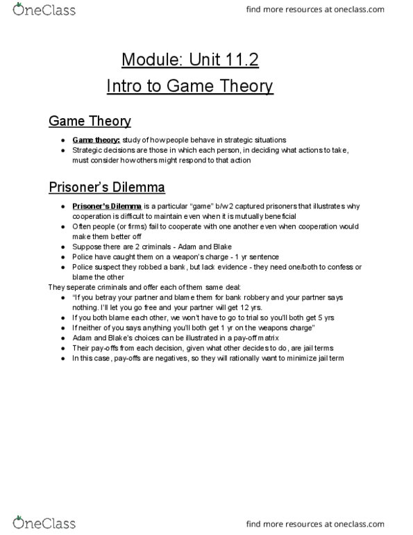 ECON 1B03 Lecture Notes - Lecture 35: Game Theory, Nash Equilibrium, Strategic Dominance thumbnail