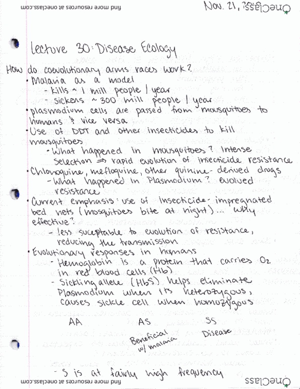BIOL 180 Lecture Notes - Lecture 30: Ope, Hemoglobin C, Plasmodium cover image