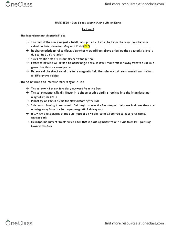 NATS 1580 Lecture Notes - Lecture 8: Interplanetary Magnetic Field, Heliospheric Current Sheet, Solar Wind thumbnail