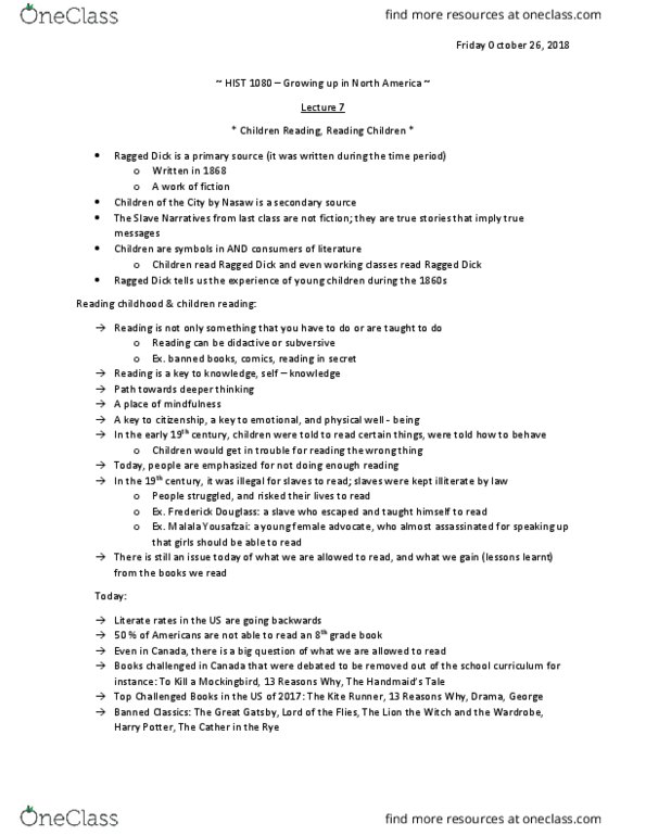 HIST 1080 Lecture Notes - Lecture 7: Ragged Dick, 13 Reasons Why, Malala Yousafzai thumbnail