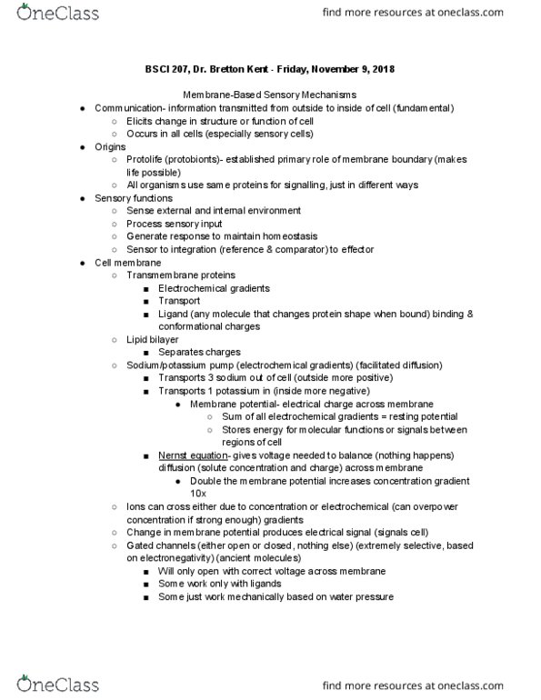 BSCI 207 Lecture Notes - Lecture 30: Nernst Equation, Lipid Bilayer, Facilitated Diffusion thumbnail