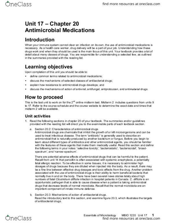 MBIO 1220 Lecture Notes - Lecture 17: Antimalarial Medication, Antiviral Drug, Opportunistic Infection thumbnail