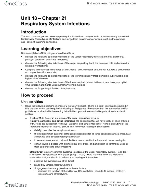 MBIO 1220 Lecture Notes - Lecture 18: Human Respiratory Syncytial Virus, Streptococcal Pharyngitis, Hantavirus Pulmonary Syndrome thumbnail