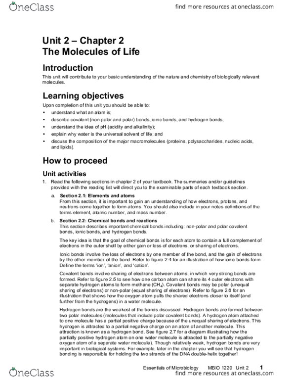 MBIO 1220 Lecture Notes - Lecture 2: Hydrogen Bond, Atomic Number, Microbiology thumbnail