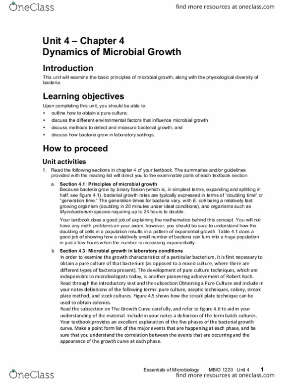 MBIO 1220 Lecture Notes - Lecture 4: Microbiological Culture, Exponential Growth, Doubling Time thumbnail