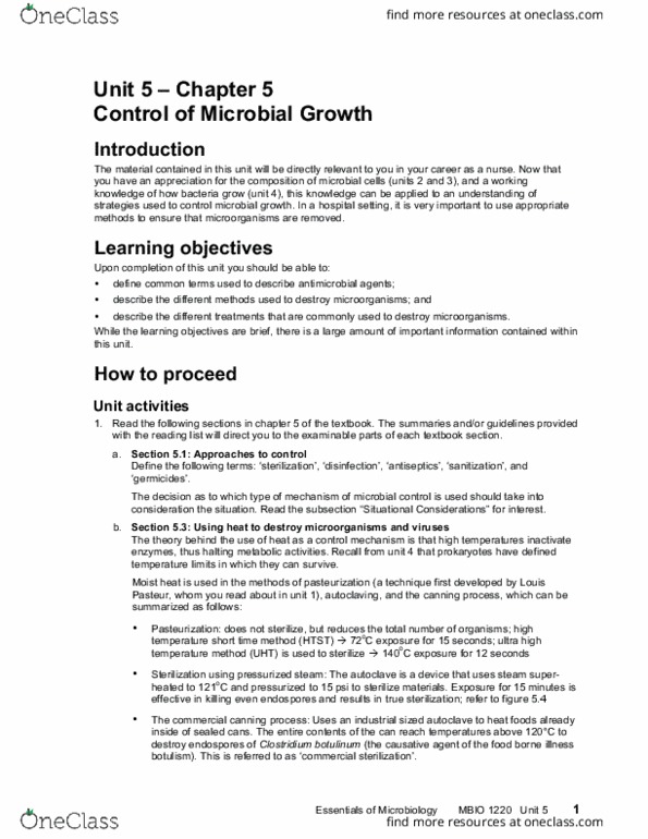 MBIO 1220 Lecture Notes - Lecture 5: Disinfectant, Quaternary Ammonium Cation, Ultra-High-Temperature Processing thumbnail