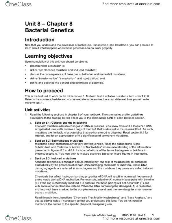 MBIO 1220 Lecture Notes - Lecture 8: Nucleobase, Dna Replication, Mutagen thumbnail