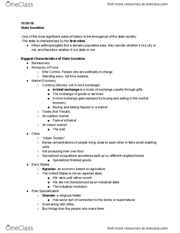 ANTH 1000 Lecture Notes - Lecture 27: Standing Army, Industrial Revolution thumbnail