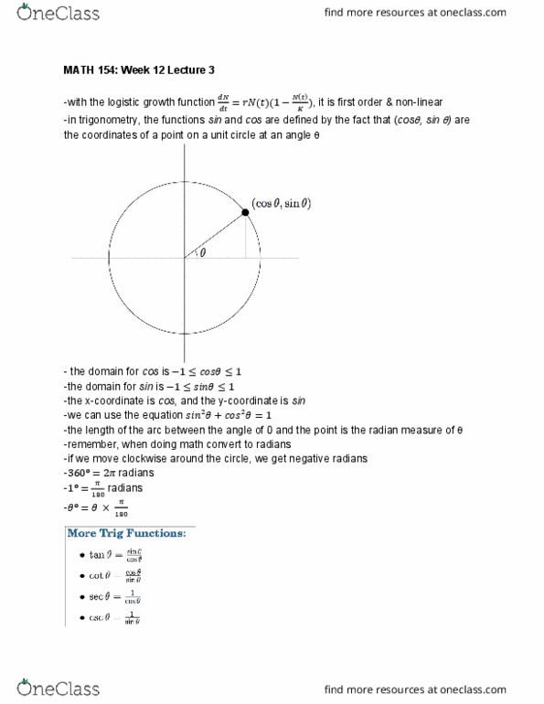 MATH 154 Lecture Notes - Lecture 35: Radian, Unit Circle, Logistic Function thumbnail
