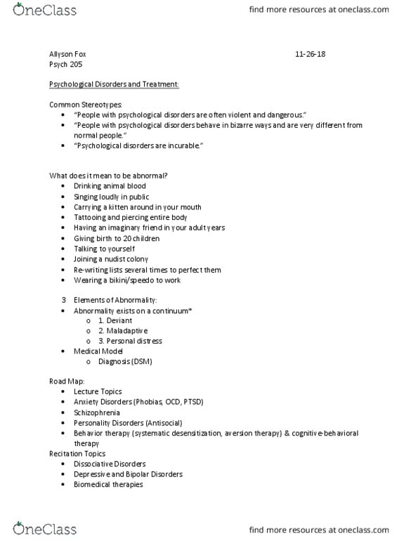 PSY 205 Lecture Notes - Lecture 12: Antisocial Personality Disorder, Aversion Therapy, Systematic Desensitization thumbnail