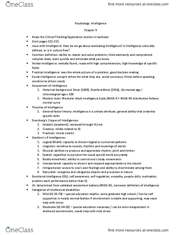 PSYC 1010 Lecture Notes - Lecture 9: Wechsler Adult Intelligence Scale, Social Intelligence, Intellectual Disability thumbnail