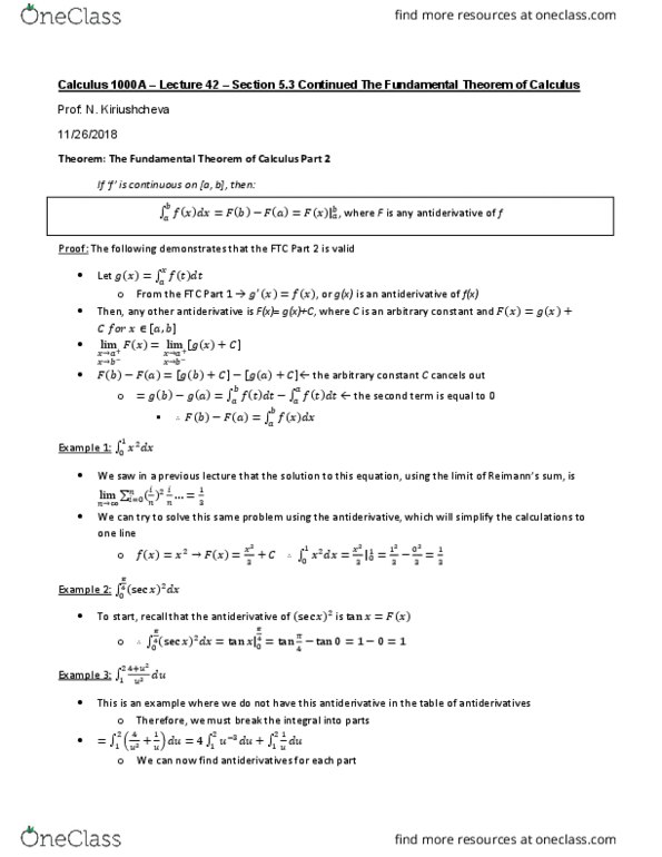 Calculus 1000A/B Lecture Notes - Lecture 42: Antiderivative thumbnail