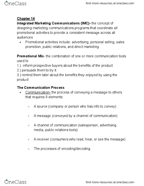 BUAD301 Lecture Notes - Lecture 4: Integrated Marketing Communications, Promotional Mix, Sales Promotion thumbnail