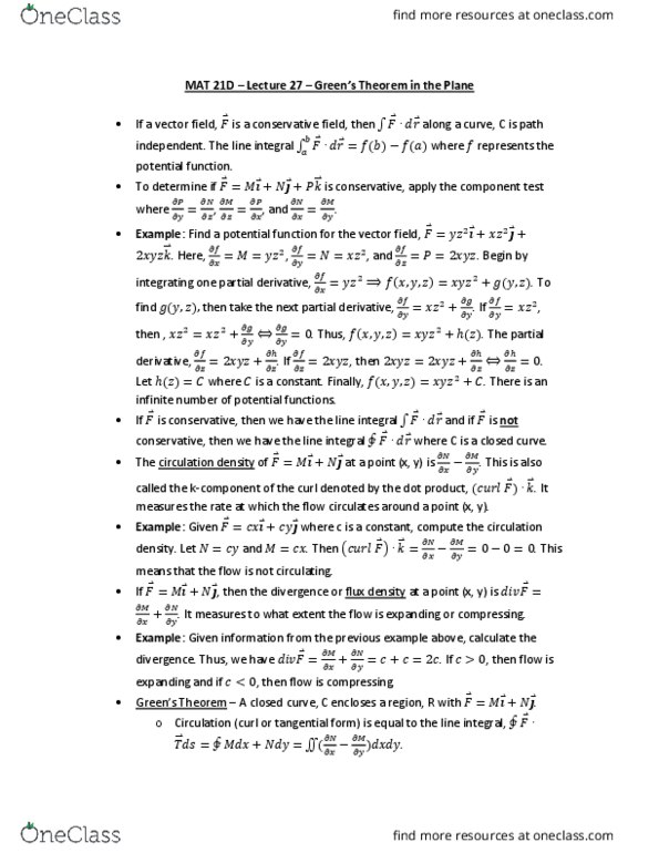 MAT 21D Lecture Notes - Lecture 27: Curve, Conservative Vector Field, Partial Derivative thumbnail
