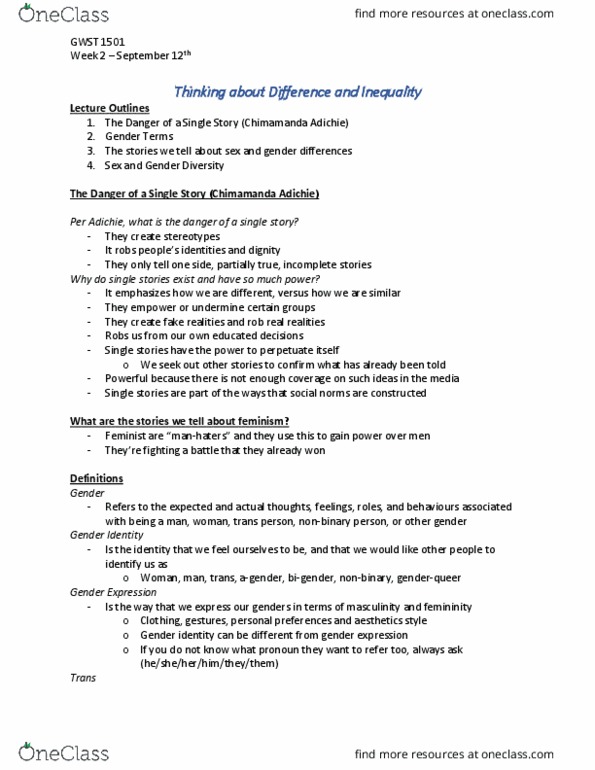 GWST 1501 Lecture Notes - Lecture 2: Chimamanda Ngozi Adichie, Bigender, Gender Identity thumbnail