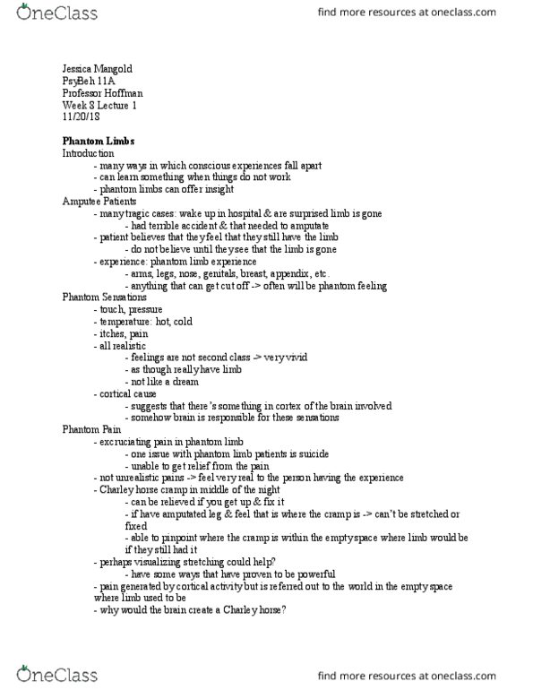 PSY BEH 11A Lecture Notes - Lecture 14: Phantom Limb, Charley Horse, Mental Model thumbnail