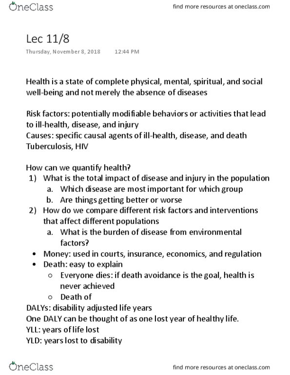PB HLTH 150B Lecture Notes - Lecture 14: Disability-Adjusted Life Year, Tuberculosis, Baud thumbnail