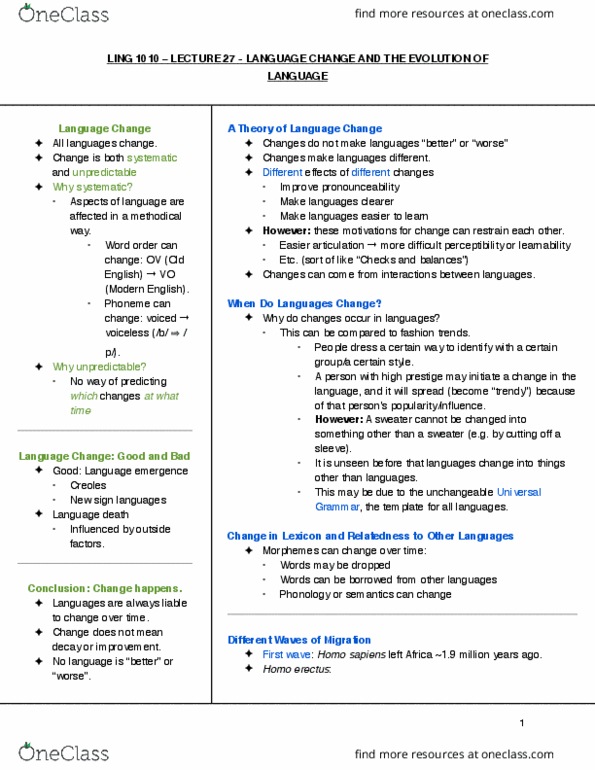 LING 1010 Lecture Notes - Lecture 27: Homo Erectus, Language Death, Phoneme cover image