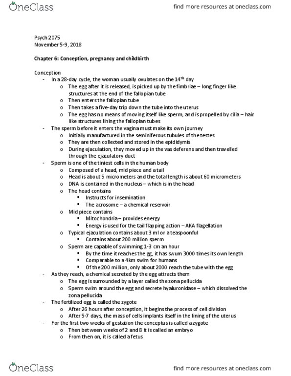 Psychology 2075 Chapter Notes - Chapter 6: Zona Pellucida, Fallopian Tube, Vas Deferens thumbnail