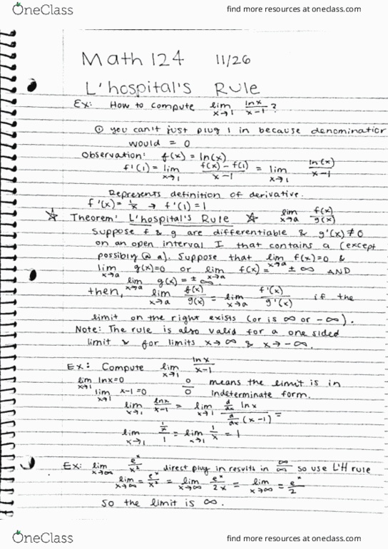 MATH 124 Lecture Notes - Lecture 26: Horse Length, Indeterminate Form cover image