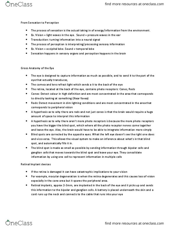 PSYB45H3 Lecture Notes - Lecture 4: The Blind Spot, Macular Degeneration, Peripheral Vision thumbnail