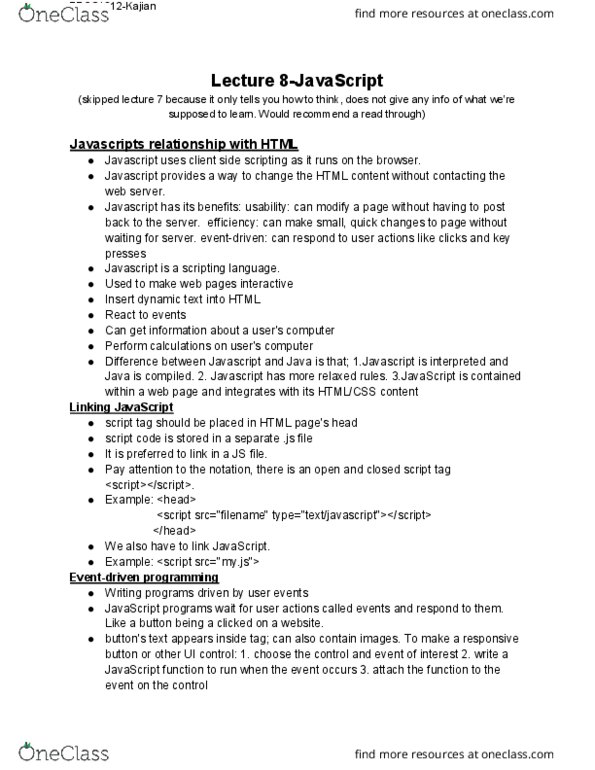 EECS 1012 Lecture Notes - Lecture 8: Javascript, Scripting Language, For Loop thumbnail