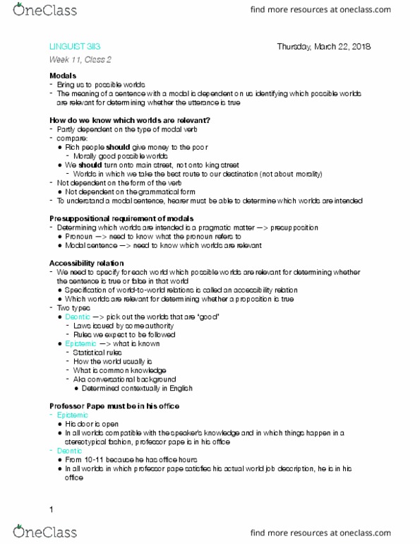 LINGUIST 3II3 Lecture Notes - Lecture 19: Accessibility Relation, Presupposition, Pronoun thumbnail