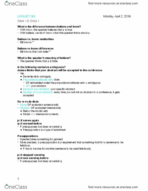 LINGUIST 3II3 Lecture Notes - Lecture 22: Propositional Attitude, Presupposition thumbnail