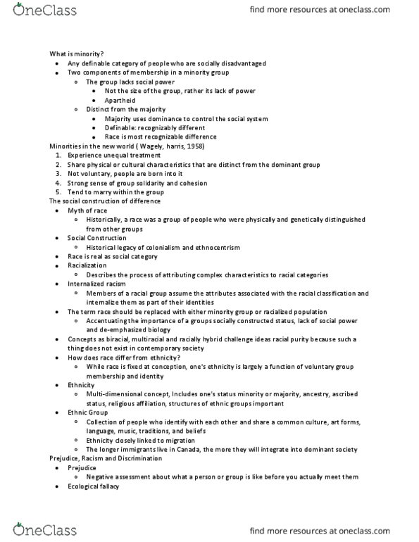 SOCIOL 1Z03 Lecture Notes - Lecture 13: Ascribed Status, Ecological Fallacy, Internalized Racism thumbnail