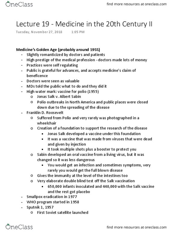 HIST 249 Lecture Notes - Lecture 19: Jonas Salk, High Water Mark, Albert Sabin thumbnail